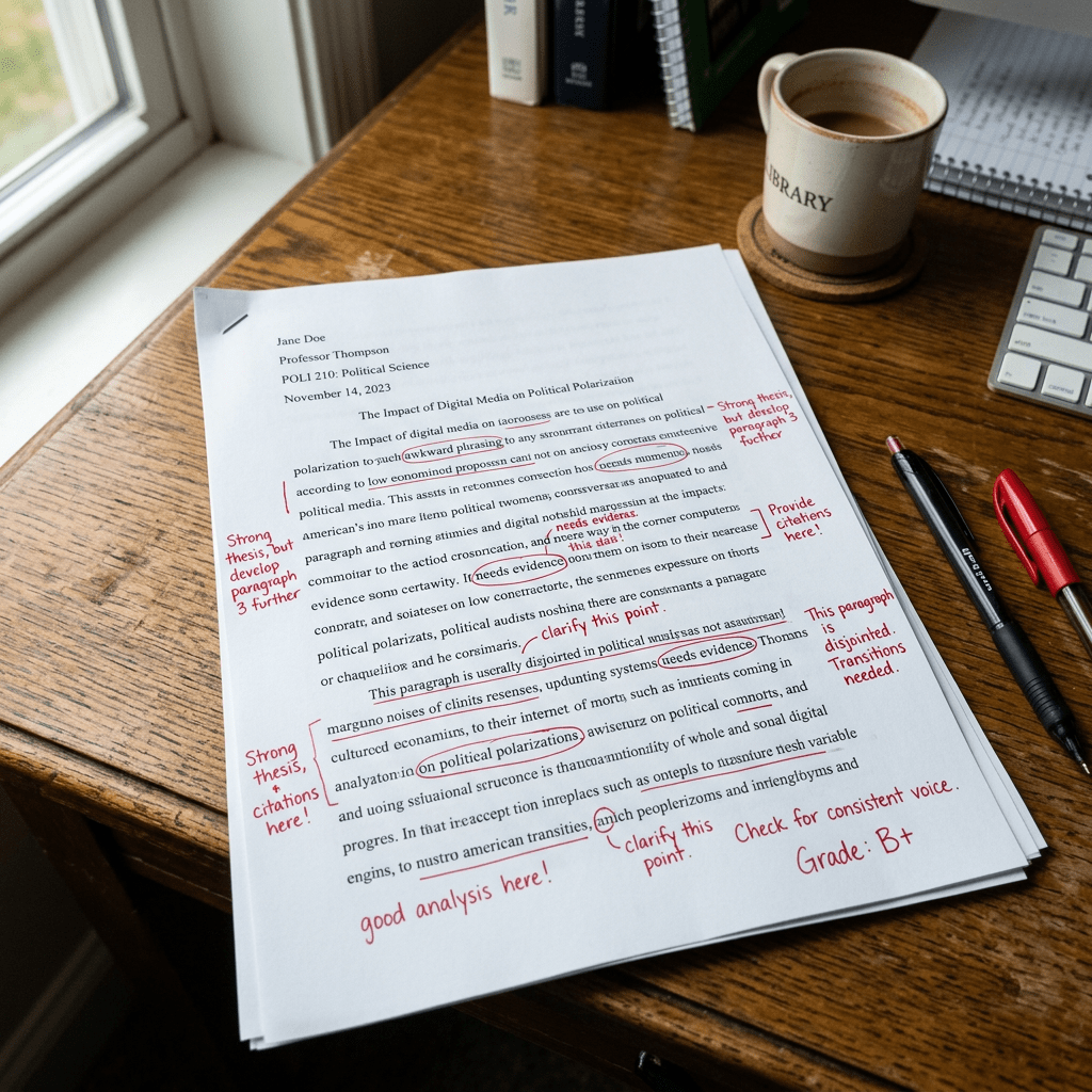 Printed academic paper with handwritten red ink corrections and comments on text