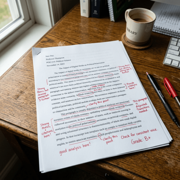 Printed academic paper with handwritten red ink corrections and comments on text